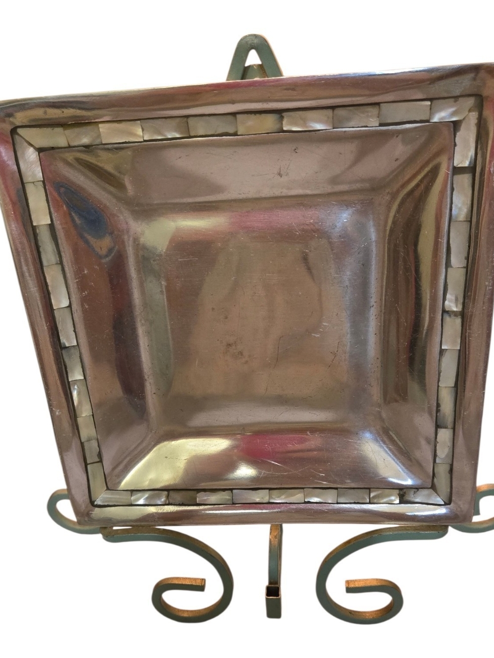 Vintage Metal Silver-Tone Square Decorative Tray with Mother-of-Pearl Border